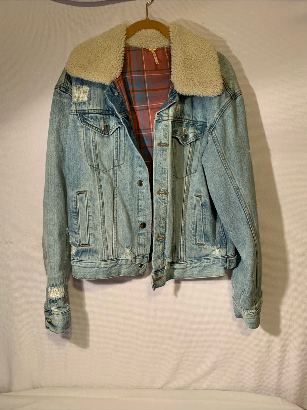 Free People Sherpa Collar Plaid Denim Trucker Jacket featuring woman X small